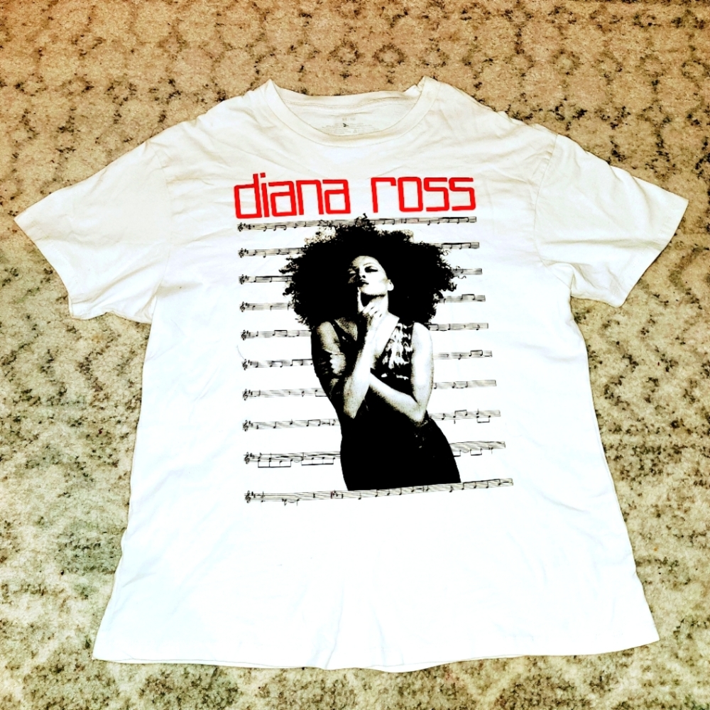 DIANA ROSS Spell Out Music Sheet Graphic Short Sleeve Band T Shirt XL